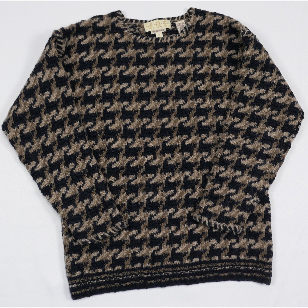 VTG Joseph Abboud Hand Knit Wool Silk‎ Blend Houndstooth Sweater Navy Brown M